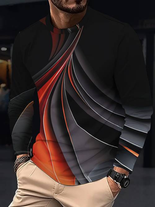2025 autumn new arrival mens long sleeve t shirt trendy abstract base layer youth fit casual top sporty breathable quick dry polyester fiber mens apparel machine washable comfortable for trendy and mens printed
