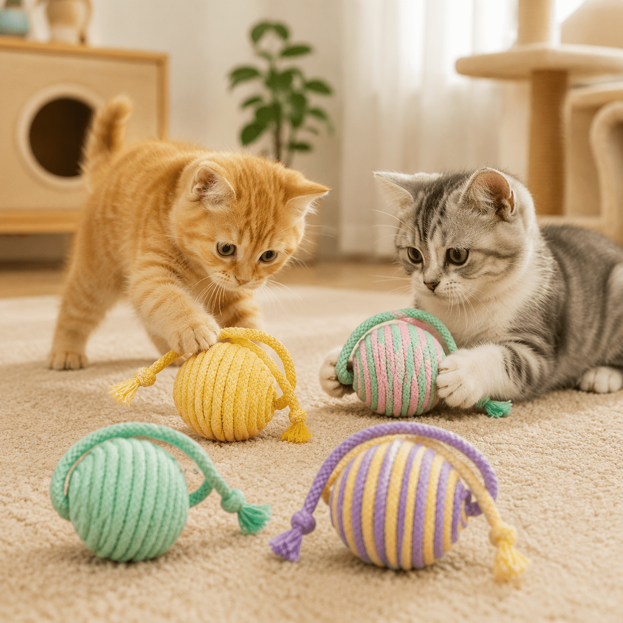 Image of Cat Chew Balls 4-pack Color Knot Toys Fun Plaything Suitable For Indoor Essential For Cats Lightweight And Portable, Without Battery