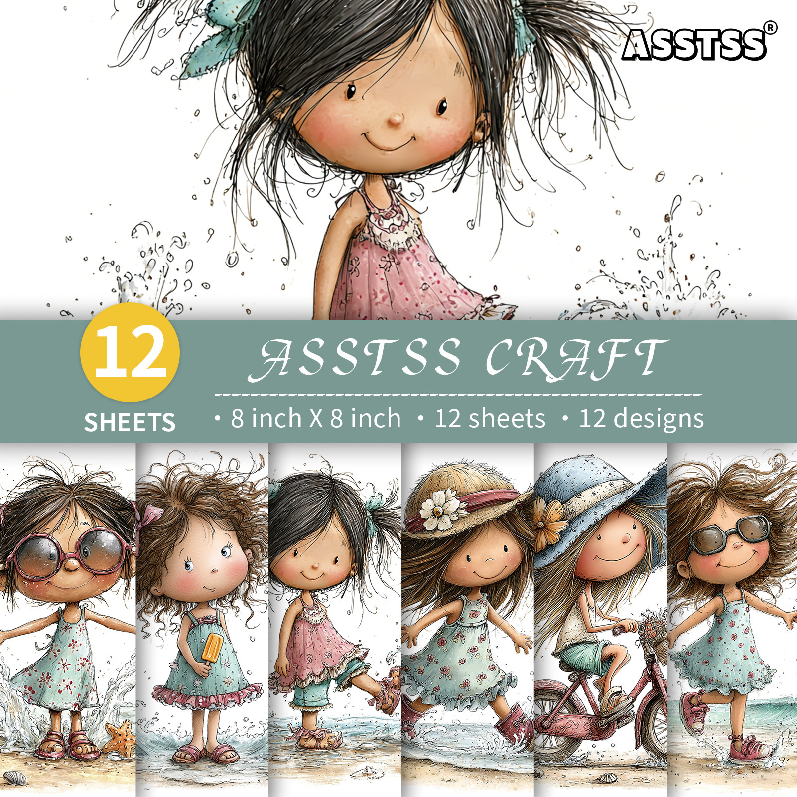 TEMU Lot de 12 feuilles de papier scrapbooking ASSTSS 8*8 pouces, papier de base style plage fille, style ludique et énergique, papier cartonné épais