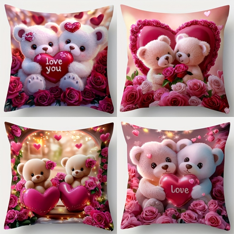 TEMU 2d Flat - 4pcs 2d Flat Printing, Cute Teddy Bear And -shaped Pillowcases, Pink Romantic Decor Style, , Suitable For Living Room Sofa, Bedroom