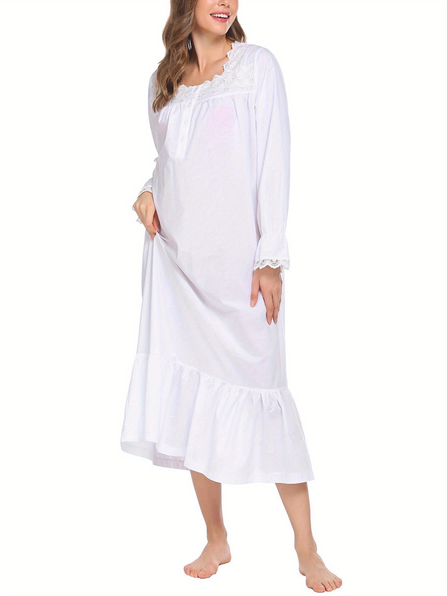 Chemise De Nuit Longue Victorienne En Coton - Manches Longues, Col En V, Bordure Dentelle - Pyjama Femme Confortable Automne-hiver