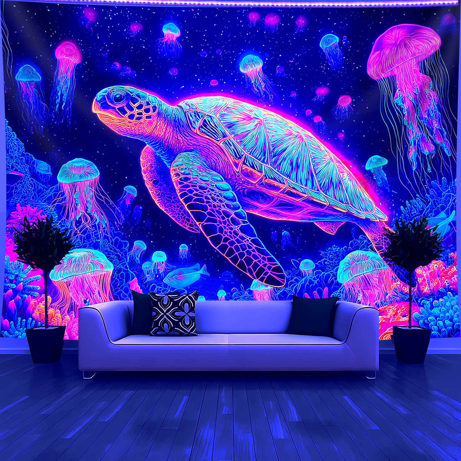 TEMU 1pc Marine Sea Turtles, Jellyfish, Coral- Glow In The Uv Light Banner Tapestry, Large Size Fluorescent Printing Tapestry, Bedroom Hanging