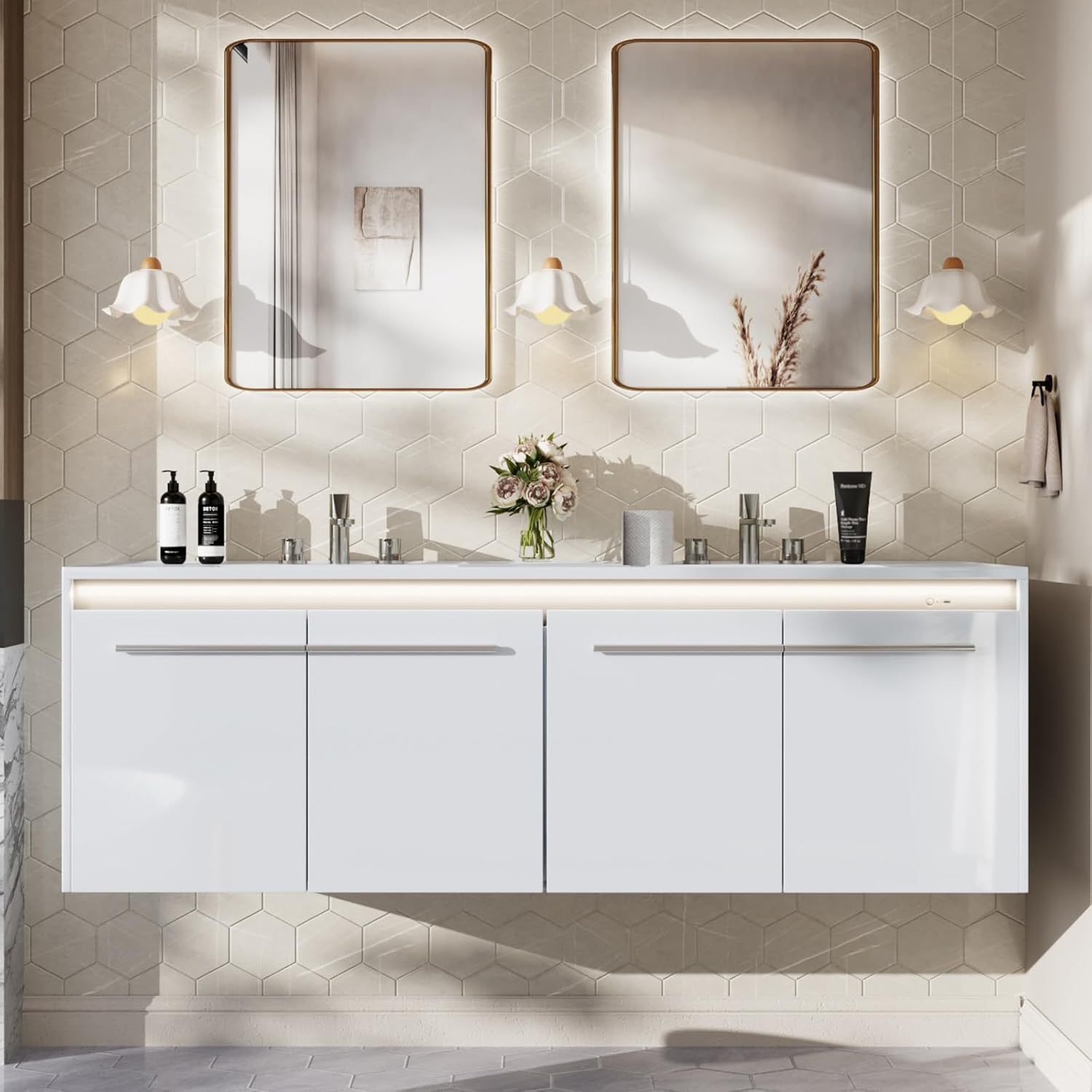 led floating bathroom double vanity with sink combo modern high gloss wall mounted bathroom storage cabinet with 3 hole sink metal handles soft closing doors Product details 1