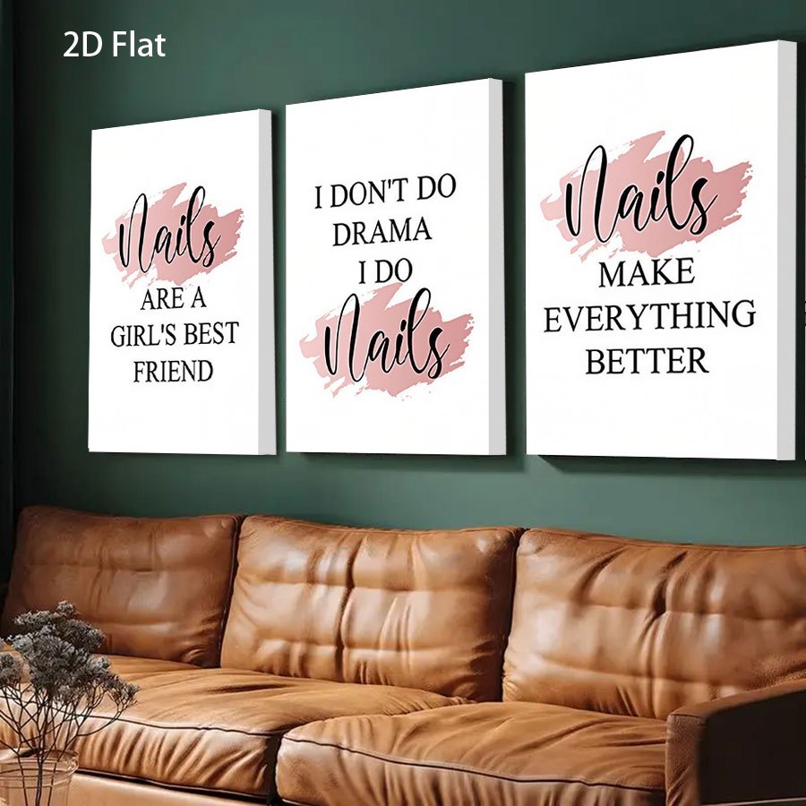item picture 2d flat 2d flat set of 3 framed canvas posters featuring 2d flat   style pink nail art quotes ideal for halloween and christmas gifts   wall art pieces are perfect for decorating your office   room or bedroom