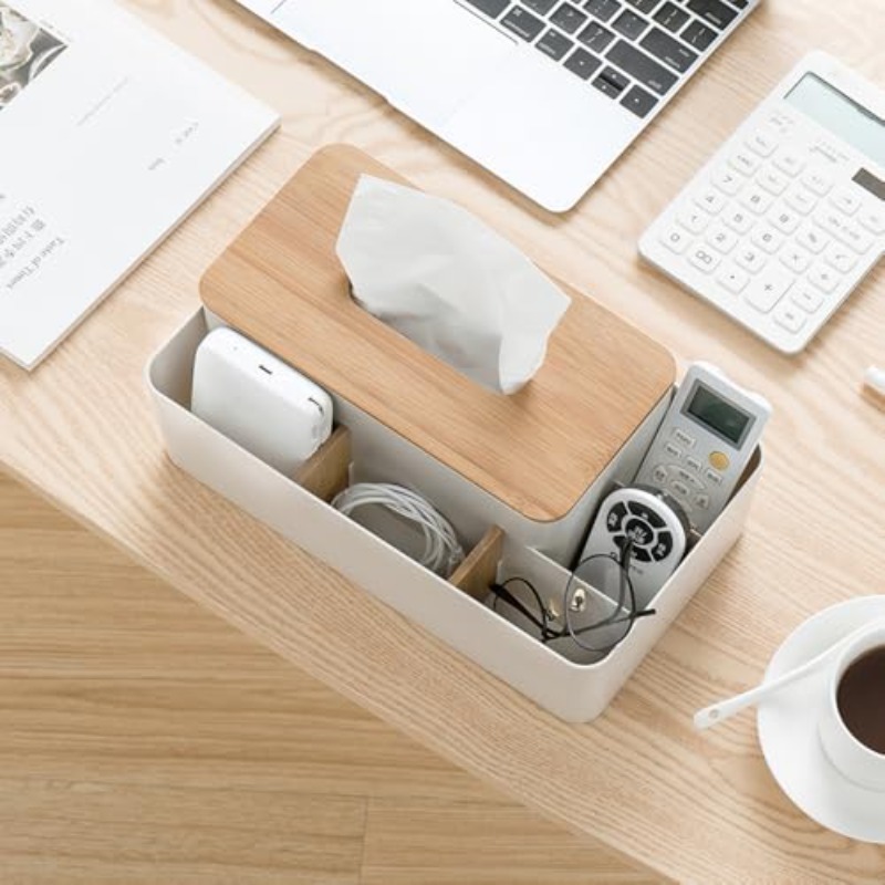modern white &   tissue box organizer with bamboo lid - multifunctional rectangular storage dispenser with 5 compartments, durable ps & bamboo construction for home, office, dresser - space-saving tissue holder with   & open shelf design, easy- , compact organizer for tissues, pens, remotes, phones, and more, tissue box with storage, craft tissue box, modern tissue box holder, tissue box holder with storage, resin tissue box holder Product details 4
