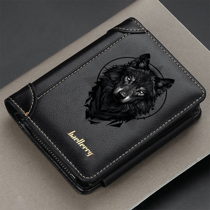 Image of 1pc Men's Wolf Print Business Wallet, Short Style Bifold Wallet With Zipper Coin Pocket & Card Slots, Casual Money Clip For Men