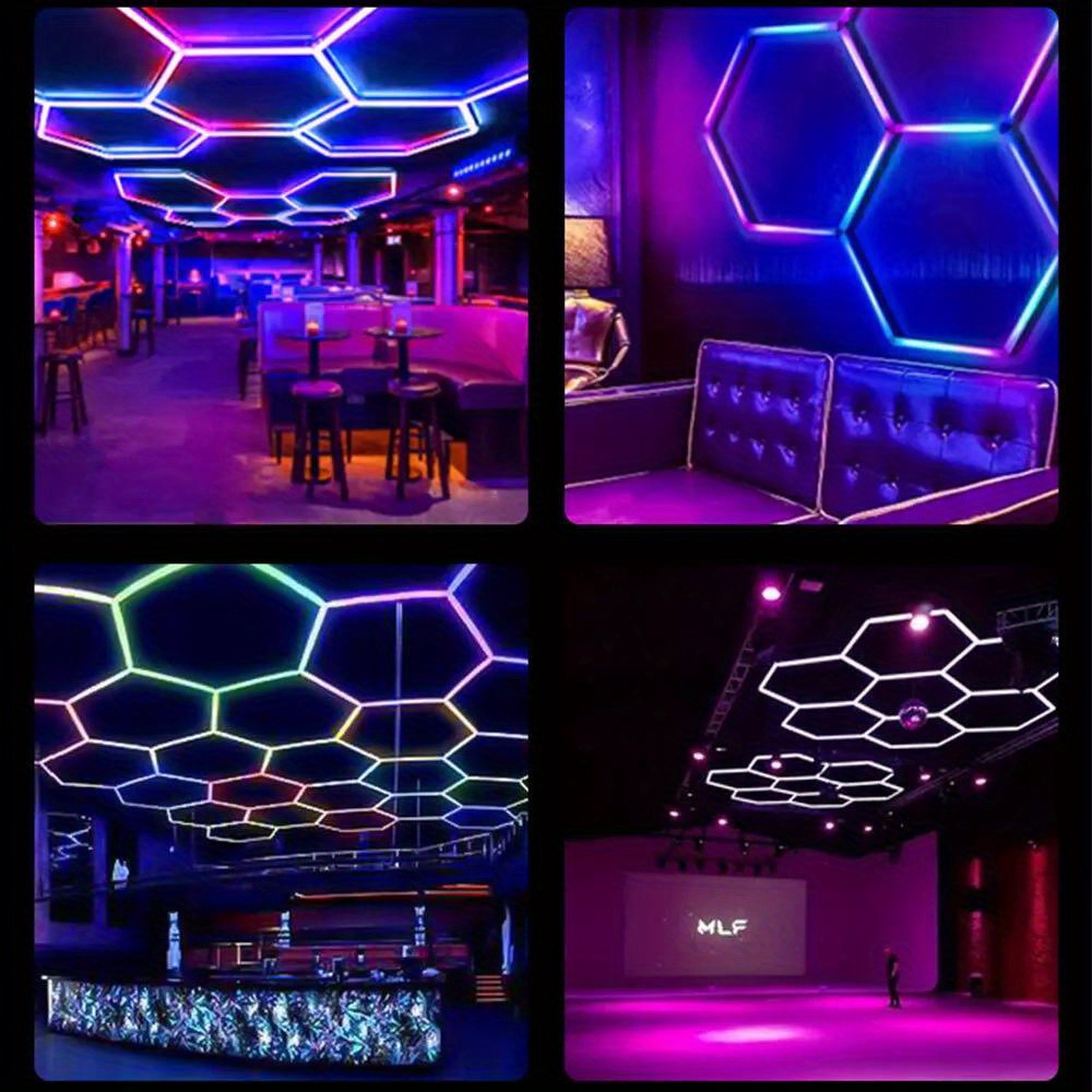 24pcs rgb white led hexagon lights   honeycomb ceiling panels with 358 dynamic lighting   vibrant colors for garage basement gaming room warehouse gym easy hardwired installation