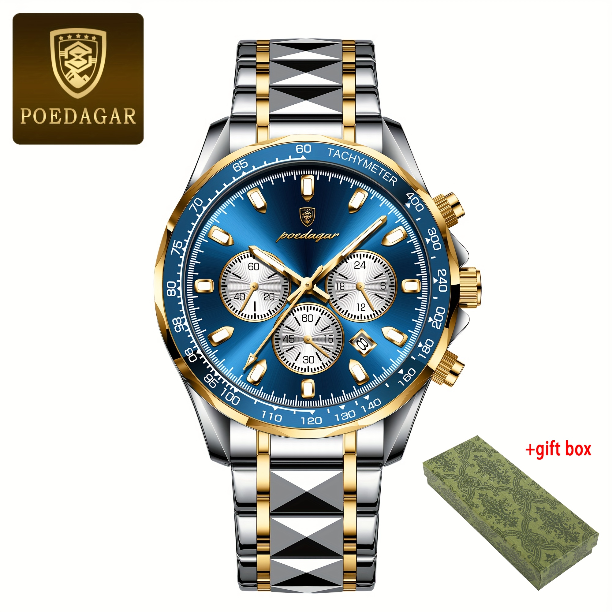 TEMU Montre de luxe pour homme - bleu, aiguilles dorées, calendrier intégré, bracelet en acier inoxydable - Montre formelle et décontractée pour , ,