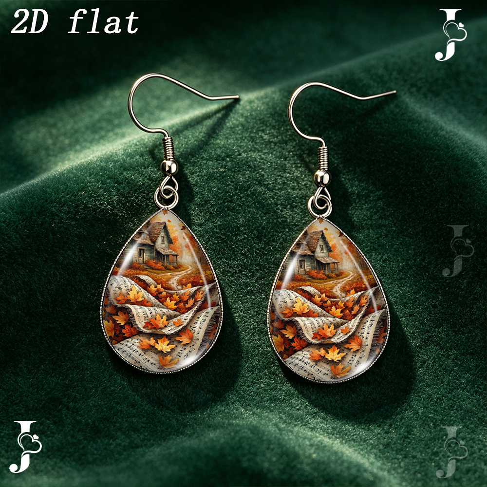 Teardrop Dangle Earrings with Autumn Maple Leaves Pattern