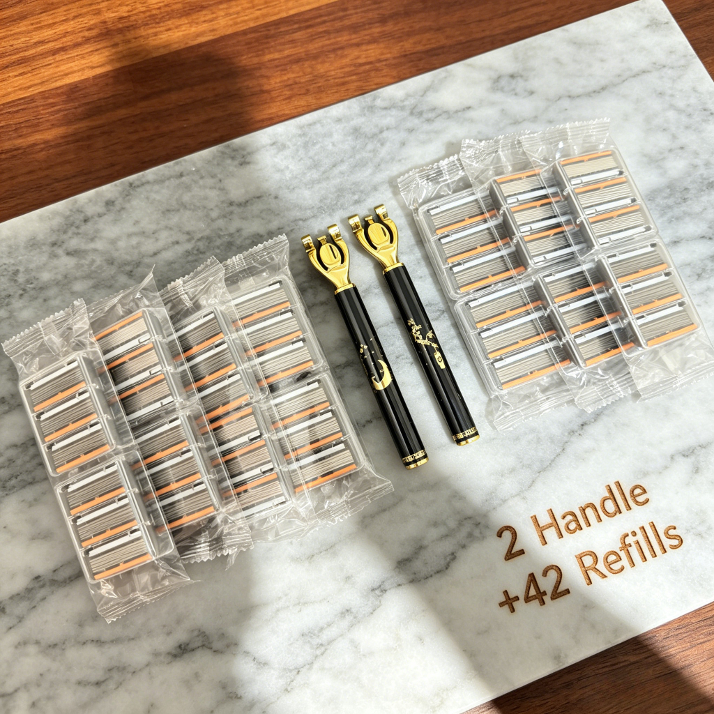 TEMU 2-handle   42-blade Head With Dual Lubrication Strips, 6-layer Ultra-thin Replaceable High-quality Safety Razor Set, Featuring A Metal Handle,