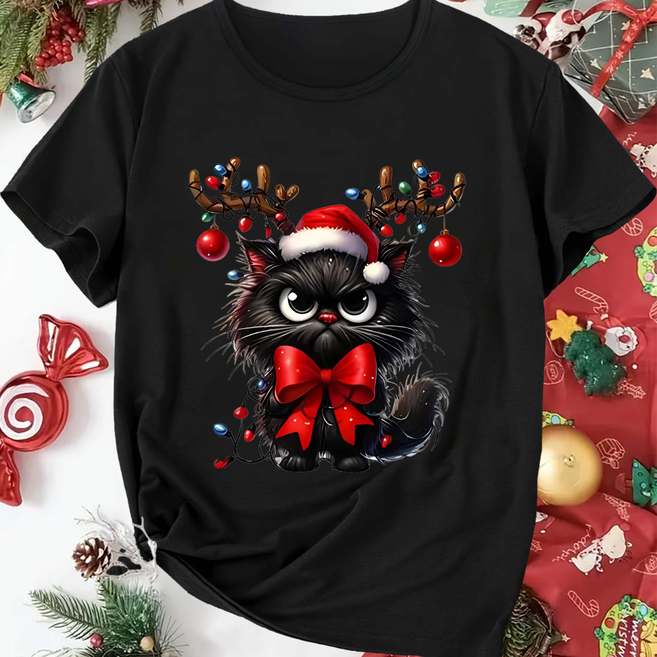 

1pc Y2k Fashion Christmas Reindeer Cat Print T-shirt For Women, Casual Crew Neck, Polyester Knit Fabric, Medium Stretch, All - Sizes S-xxl