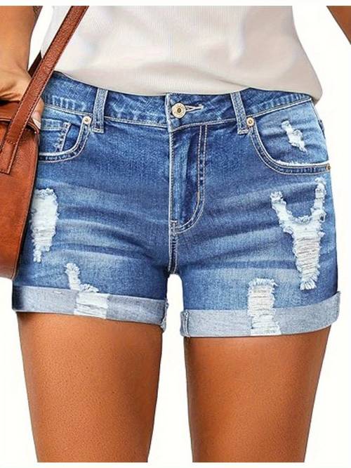 womens high shorts breathable blue ripped jeans with rolled hem casual summer style stretchable denim fabric distressed summer shorts distressed denim shorts fashionable denim shorts