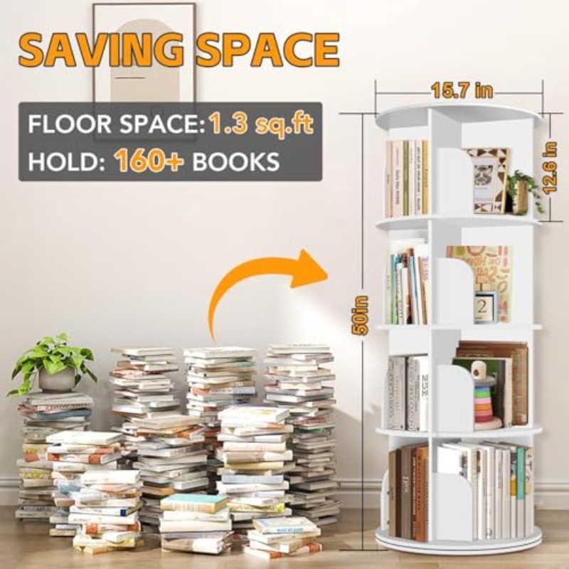 compact 4 tier rotating bookshelf for   spaces 360 degree display floor standing storage rack wooden narrow book organizer for bedroom and living room in white Product details 1