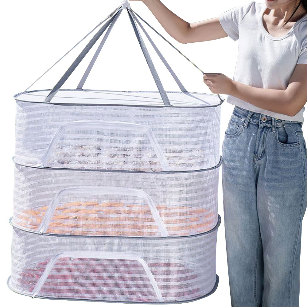 1set 3-layer Folding Drying Net, Hanging Holes And Gift S Hooks Easily Hung Anywhere Indoors, Outdoors And On ., Drying Racks