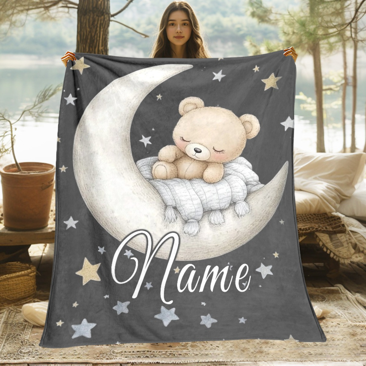 Personalized Bear Moon Portable Blanket, Lightweight Throw