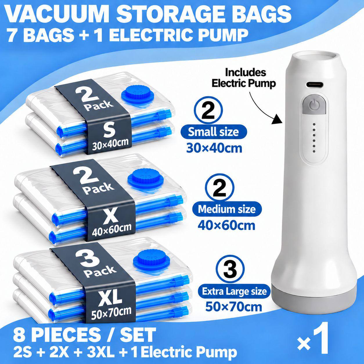 TEMU 8pcs Vacuum Storage Bag Set (with Rechargeable Electric Pump), Featuring A 1500mah Usb Vacuum Pump; Includes Various Sizes Of Compression Bags