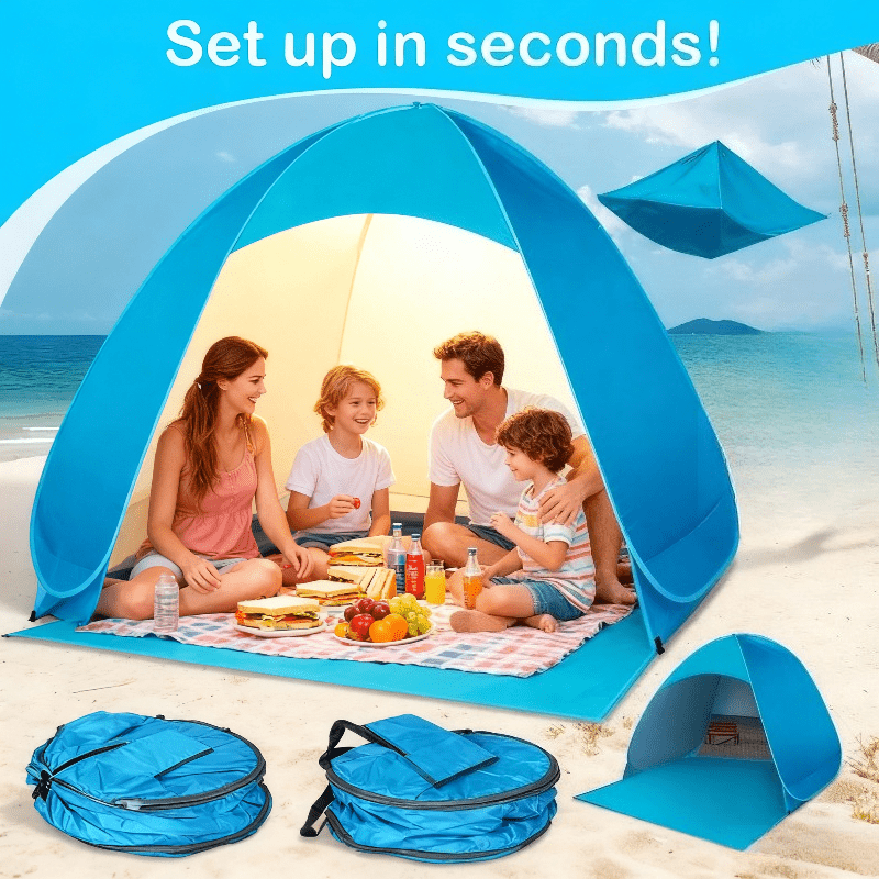 TEMU Automatic Pop-up Tent With Awning | Upf 50+ Uv Protection, Blue Polyester Fabric, Comes With Storage Bag, Ideal For Family , Camping, Beach