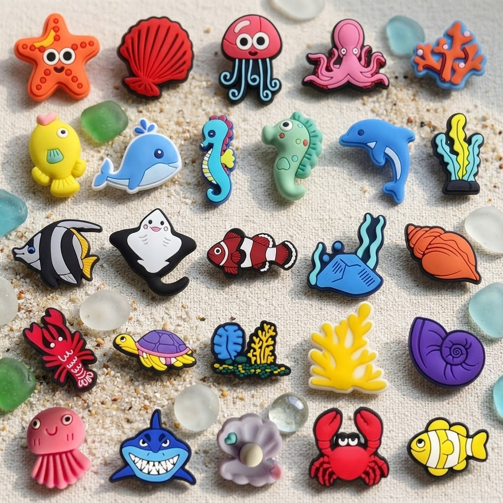 TEMU 26pcs (26pcs) Ocean Sea Creature Shoe Charms - Pvc Rubber Suitable For Perforated Clogs, Sneakers, | Color-coded Marine Decorations With Fish,,