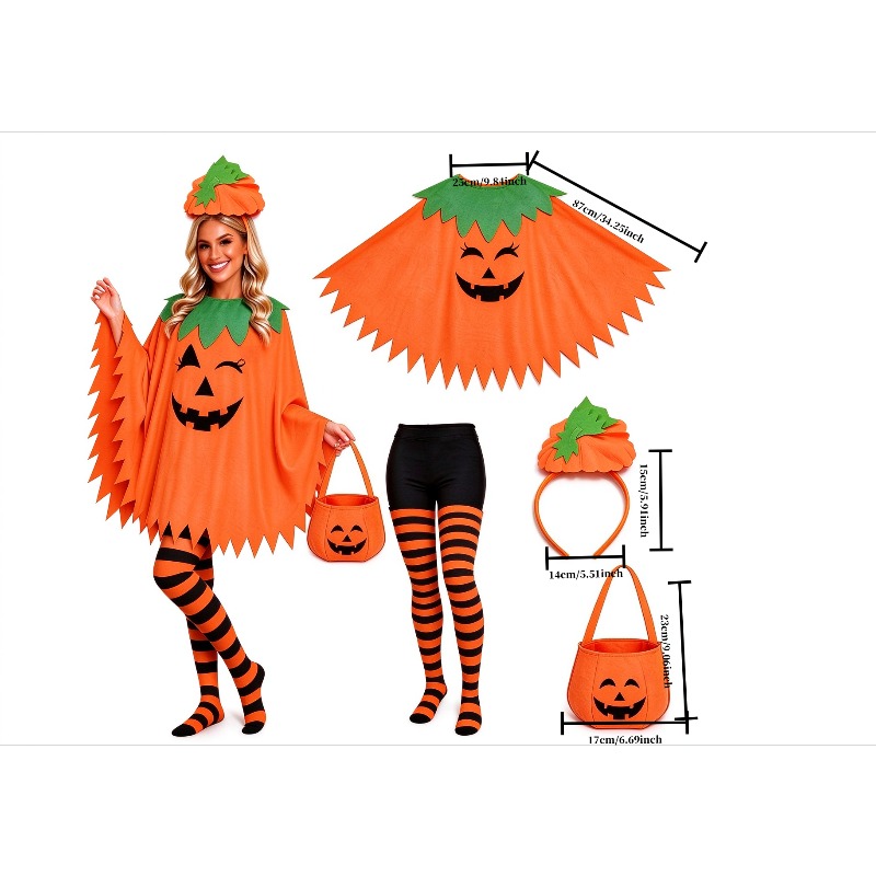 TEMU 4pcs Women's Pumpkin Costume Set, Halloween Pumpkin Poncho With Pumpkin Headband, Striped Tights, And Pumpkin Candy Bag For Cosplay Party