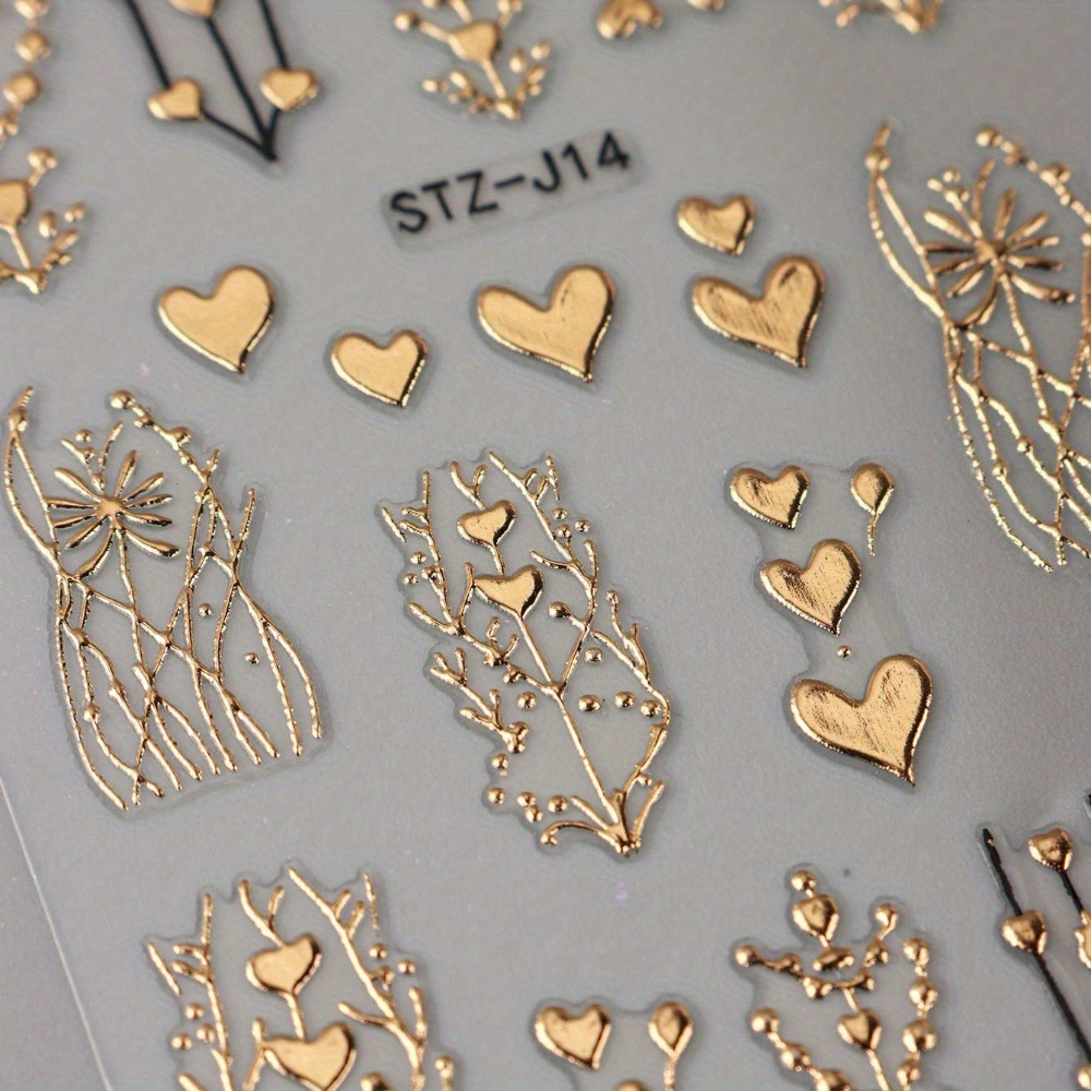 1pc Self-adhesive Metallic Golden & Bronze Heart Nail Stickers - Glitter 3d Heart Shaped Nail Art Decals With , Self-applying For Diy Manicure/pedicure, Wedding, Valentine' Day (plastic)
