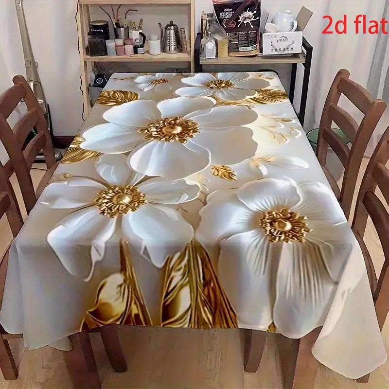 TEMU Halloween,christmas,1pc Tablecloth, 2d Flat, Luxurious Golden And White Floral Pattern - High-quality Decorative Fabric, Suitable For Dining