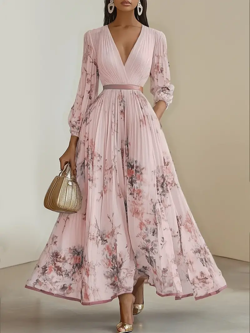 womens elegant floral print long dress flowy a line formal casual gown v neck long dress for parties outfits summer womens clothing floral print dress party attire sophisticated style pleated hem office wear comfortable material adult clothing Product details 3