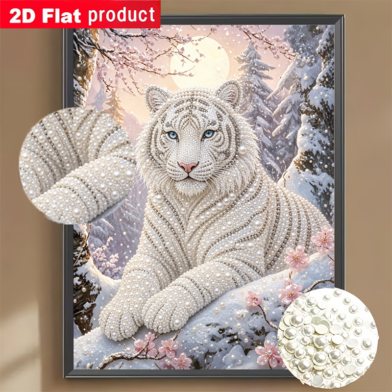 TEMU Kit de peinture 2D/Imprimé plat peinture perle avec motif paysage de neige tigre blanc perle, fait à avec colle et perceuse, avec outils et sac