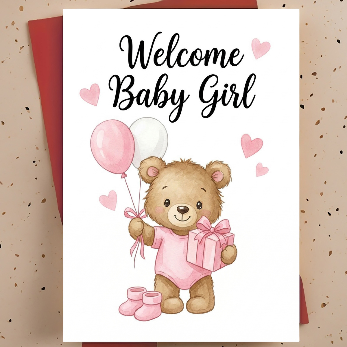 Image of 1pc Welcome Baby Girl Teddy Bear With Balloons And Gifts Card Greeting Card With Envelope Pink Heart And For New Arrival Celebration Perfect For Colleagues Baby Shower Congratulations
