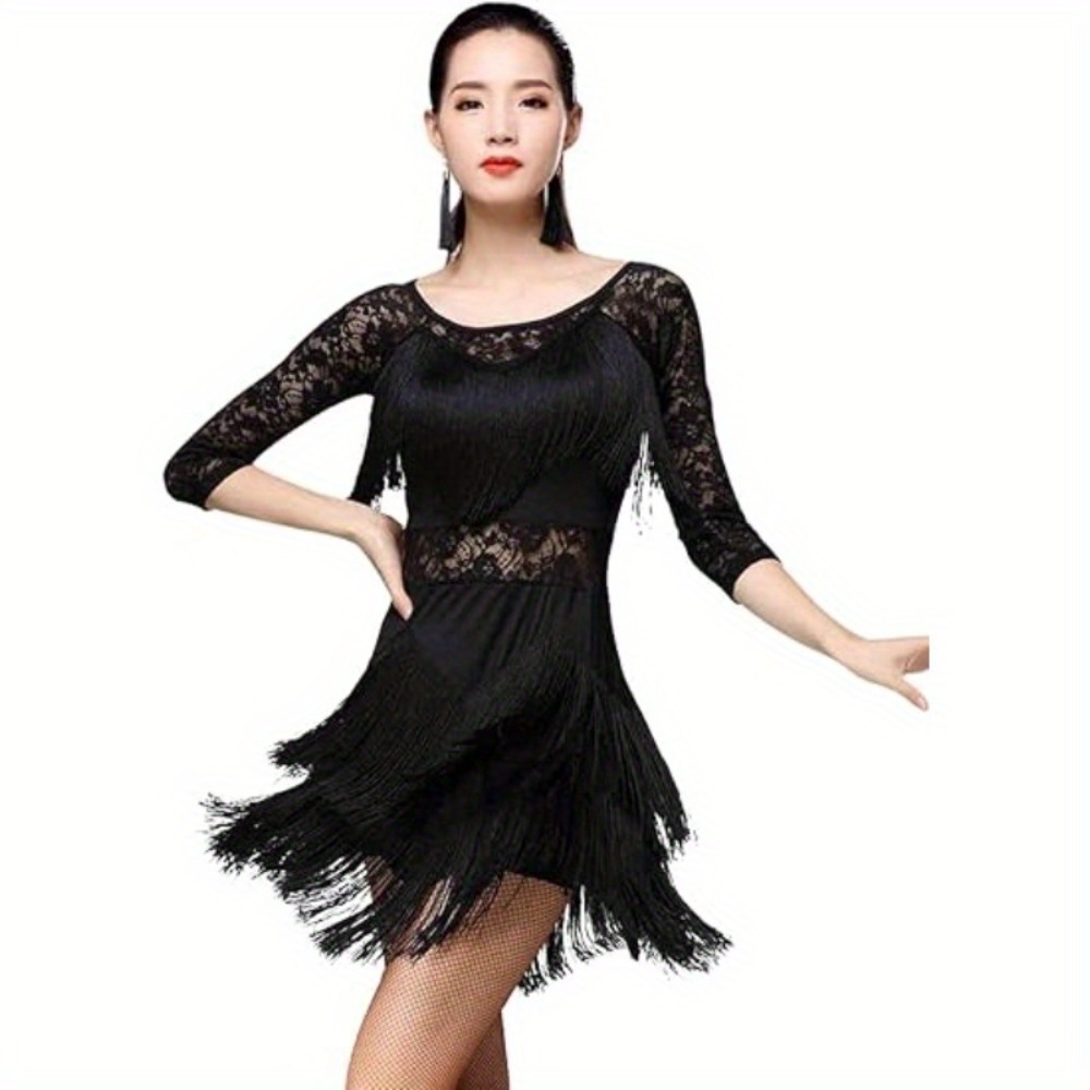 latin dance dress elegant lace fringe design competition - Temu