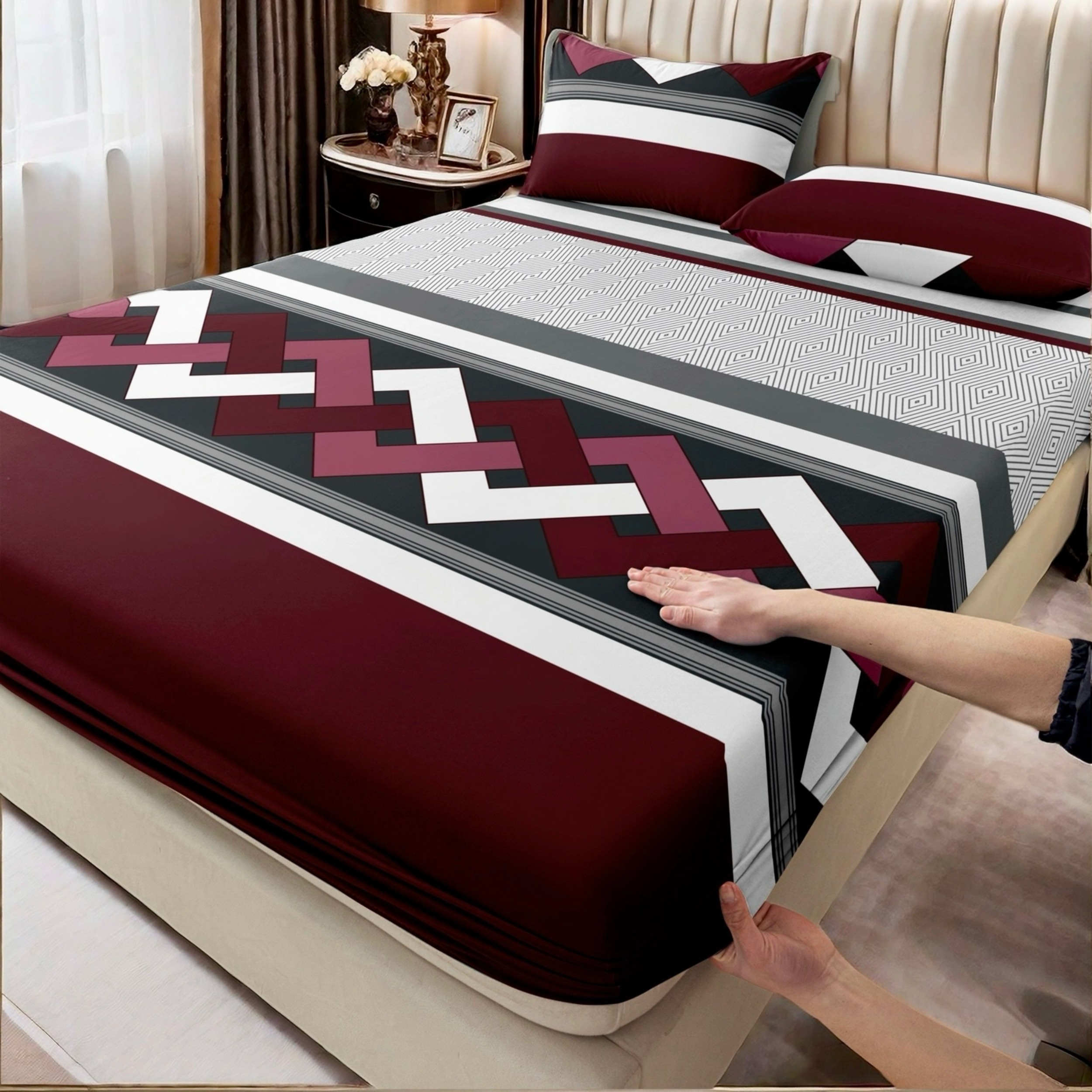 TEMU Set da 3 pezzi: Motivo a linee intrecciate a grigio-rossi, Lenzuola e federe in stile geometrico e , Biancheria da letto | 2 federe + 1 lenzuolo