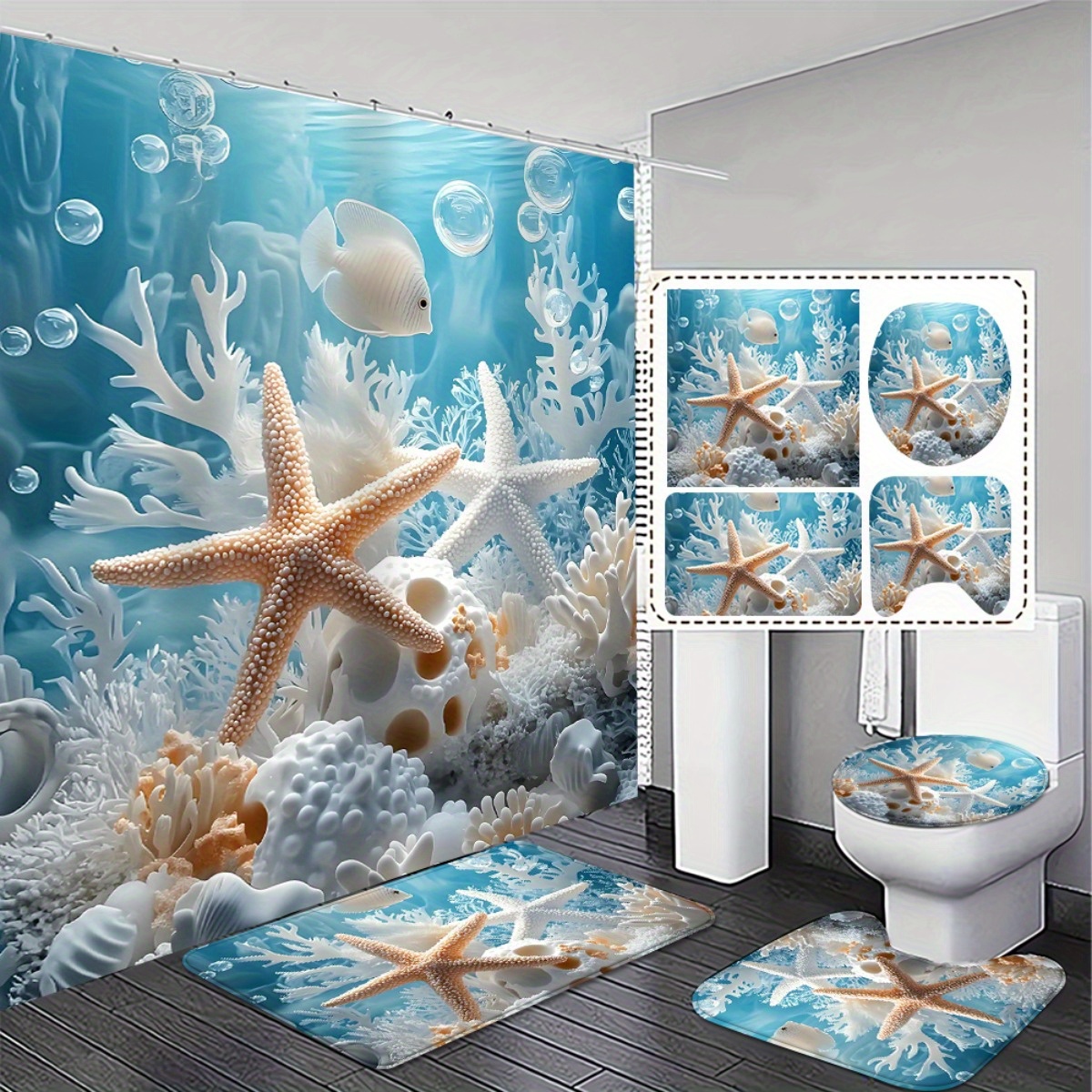 Image of 2d Flat, 4pcs Bathroom Decoration Set, Ocean Themed 2d Curtain With 12 Hooks, And Non-slip Bath Mats Toilet Lid Cover For Bathroom Decor Exquisite And Practical Home Decoration Gifts., 2d Flat