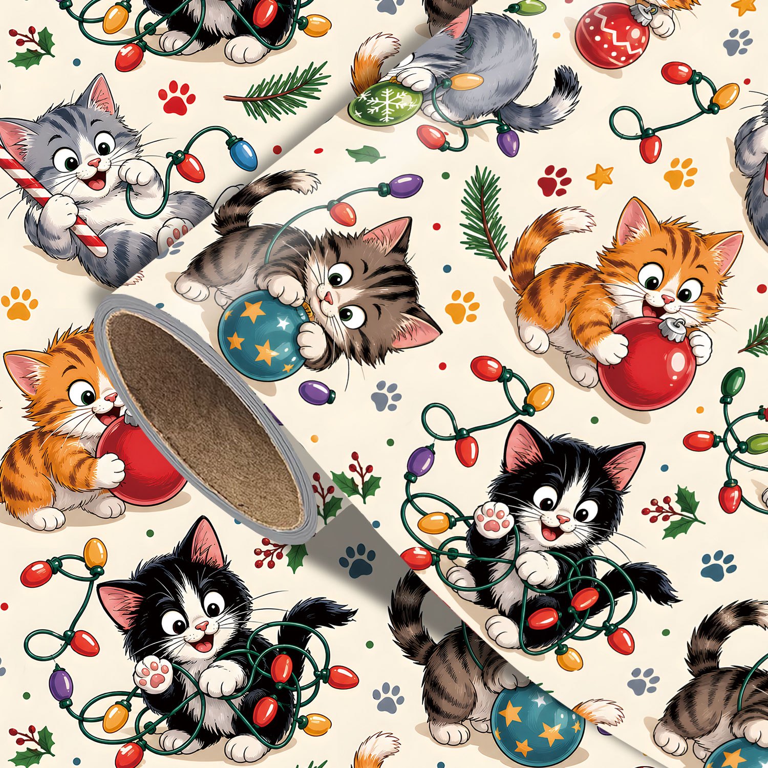 TEMU 1 Rolle Weihnachtsgeschenkpapier - Niedliches Weihnachts-Katzenmuster, Designs für die Feiertage - Abmessungen cm (17,7 Zoll x 118 Zoll)