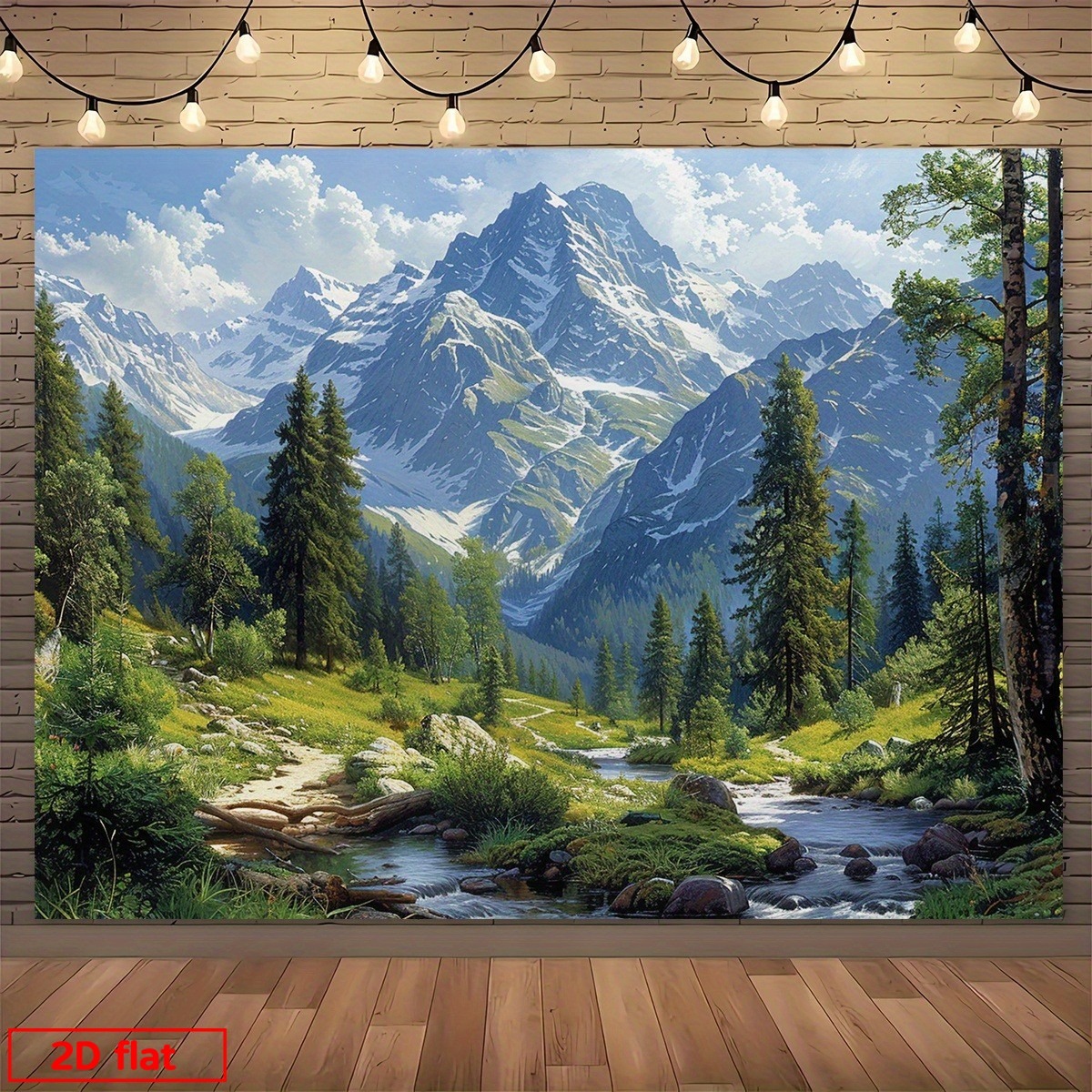 TEMU 2d Flat, 2d Flat - 2d Flat Printing Tapestry Banner, 1pc Stunning Alpine Mountain Landscape With Snow-capped , , Flowing Stream And Path, Ideal