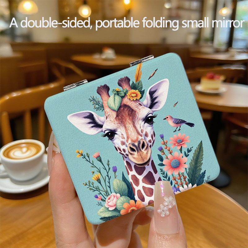 TEMU Giraffe Simple Portable Round Mirror, European And Makeup Mirror, Portable Mini Handheld Mirror, Instagram-style, For Students, Cute Cartoon