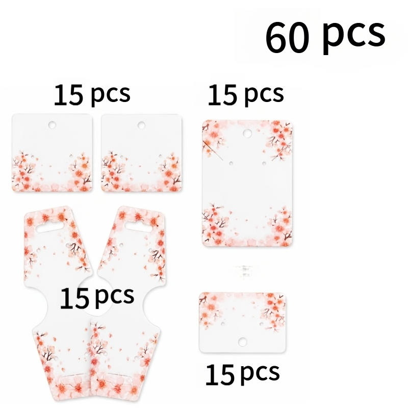 TEMU 60pcs Cherry Series Jewelry Card Set, 4 Kinds Of Floral Pattern Designs, Earring Necklace Packaging Card Ear Stud Storage, Pink Flower Style,