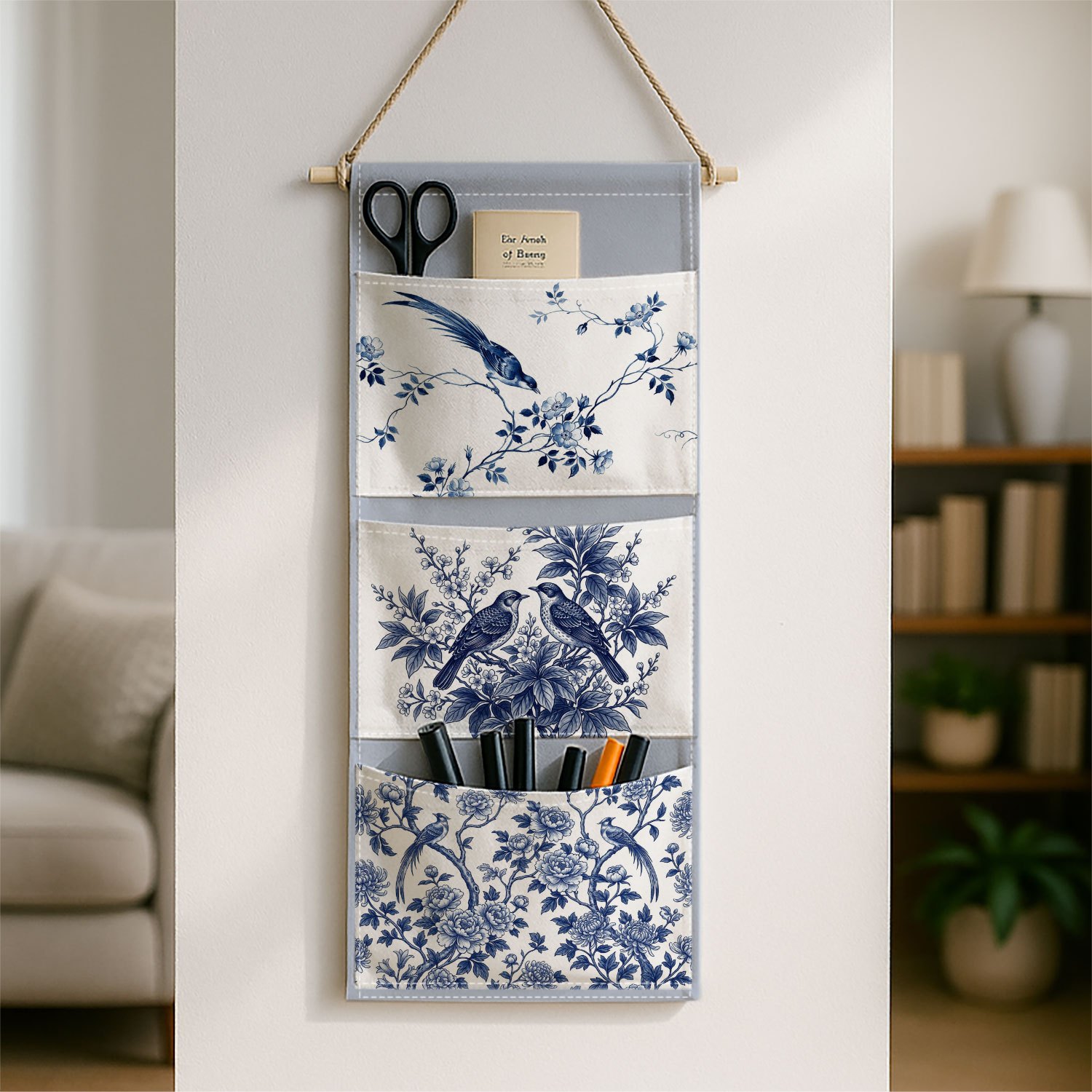 TEMU Sac suspendu 1 pièce à 3 poches avec impression 2D d'oiseau et de motif , aquarelle bleue et blanche, offrant une organisation polyvalente pour