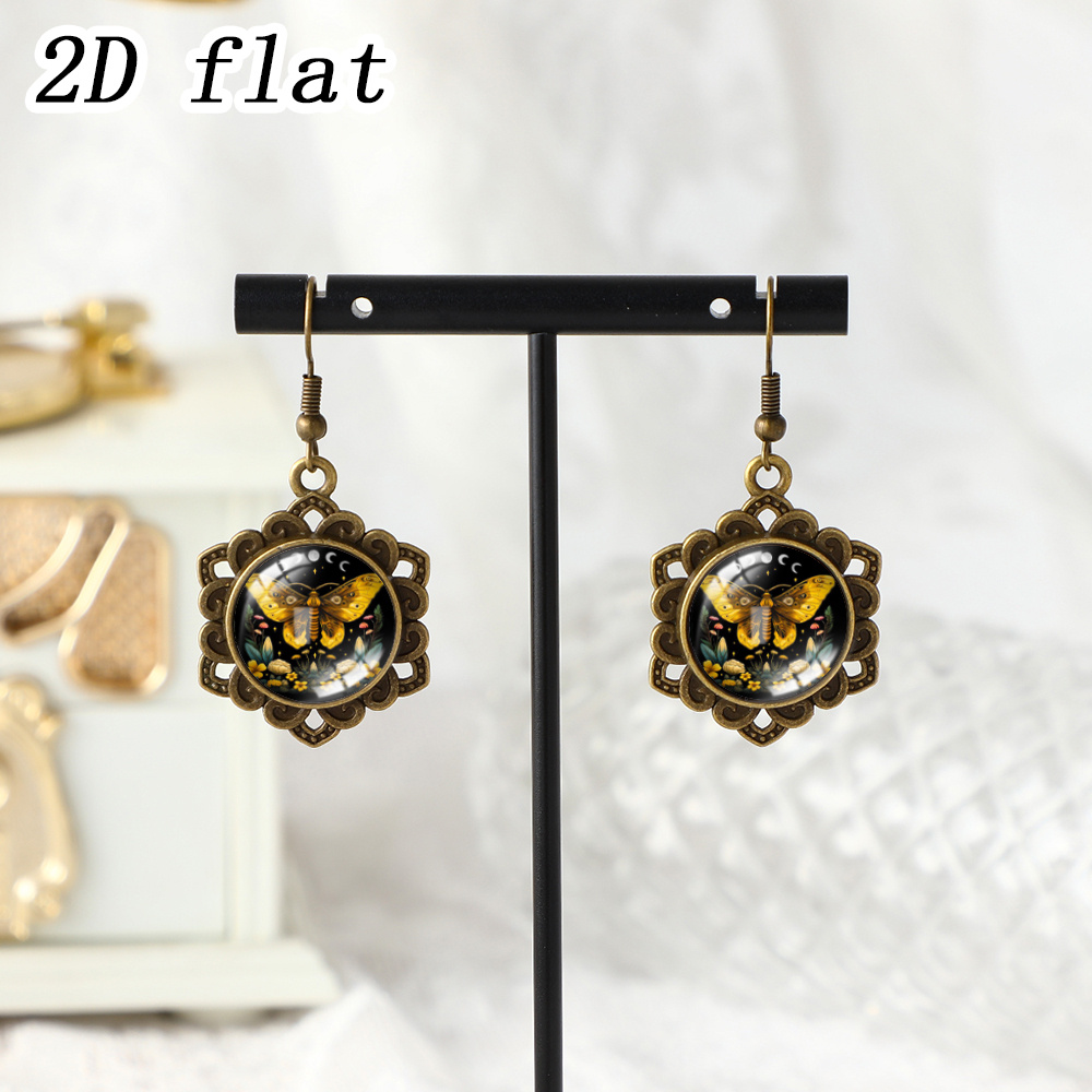 Unisex Vintage Lace Frame Dangle Earrings with Moth and Flower