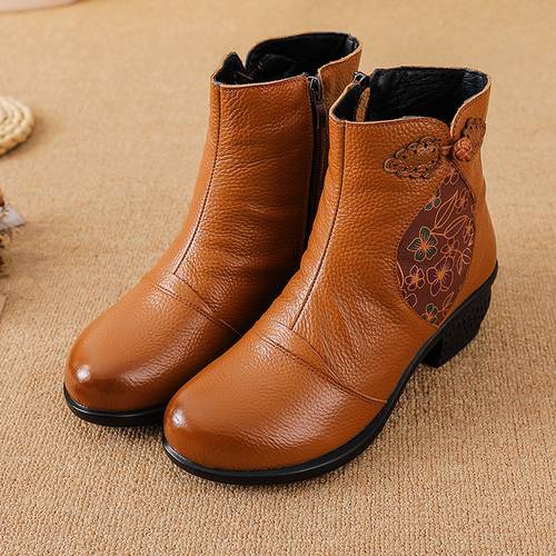 autumn and winter genuine leather thick heeled warm side zip non slip floral round toe mothers womens boots for middle aged and elderly