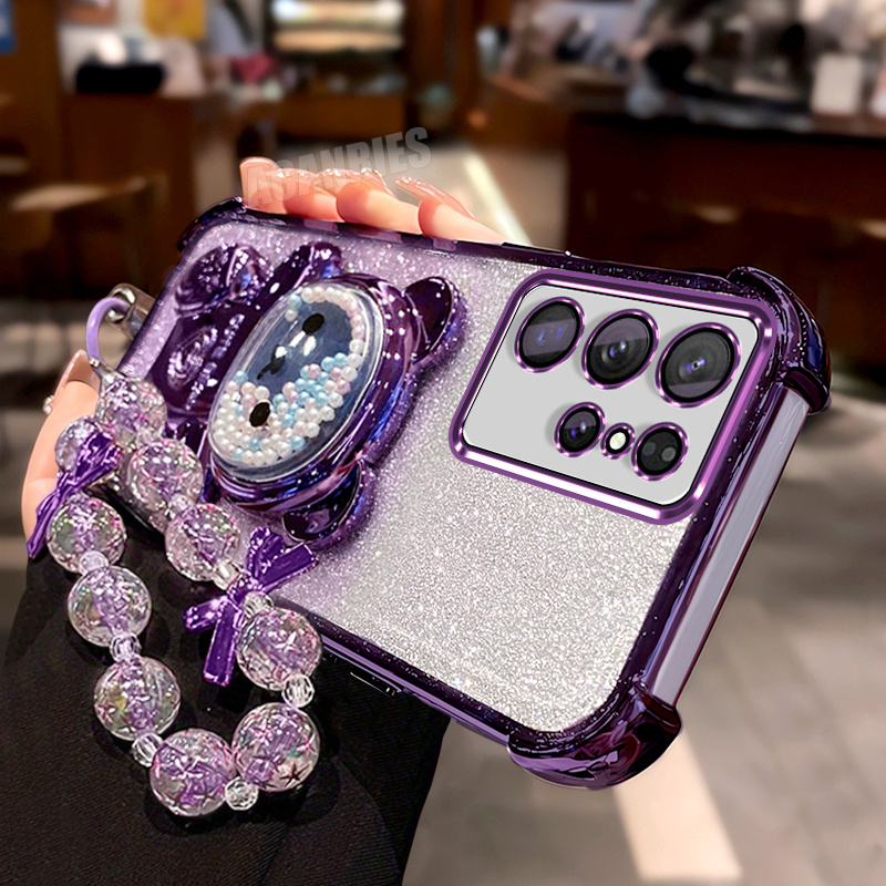 TEMU Phone Case: S24ultra Luxury Plating Quicksand Bead Bear Folding Bracket Stand Holder Lanyard Wrist Strap Chain Gradient Glitter Shockproof Phone