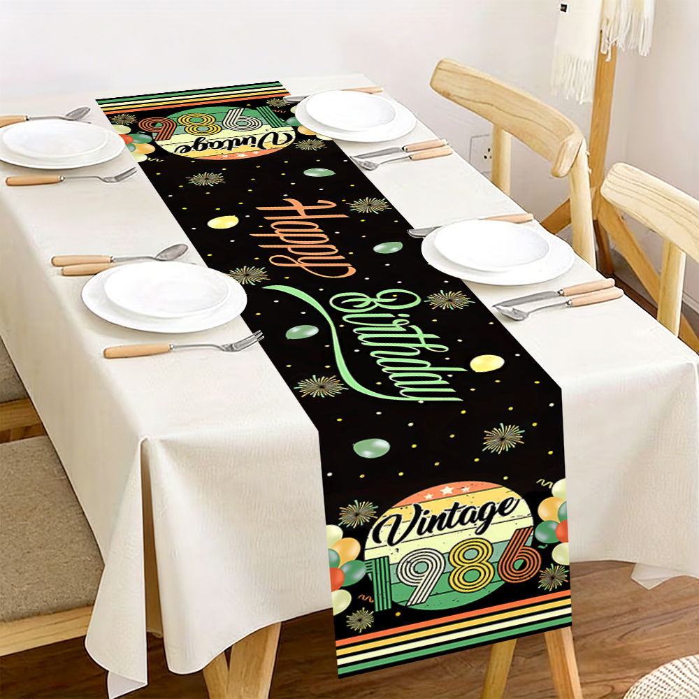 TEMU 2d Flat, Vintage Birthday Table Runner - Retro Birthday Party Decor With Fireworks, Balloons, Polka Dot Pattern And Year, Suitable For Table,