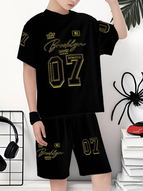 boys 07 print fashionable 2pcs set with short sleeve top and shorts summer casual sports 2pcs outfit outdoor