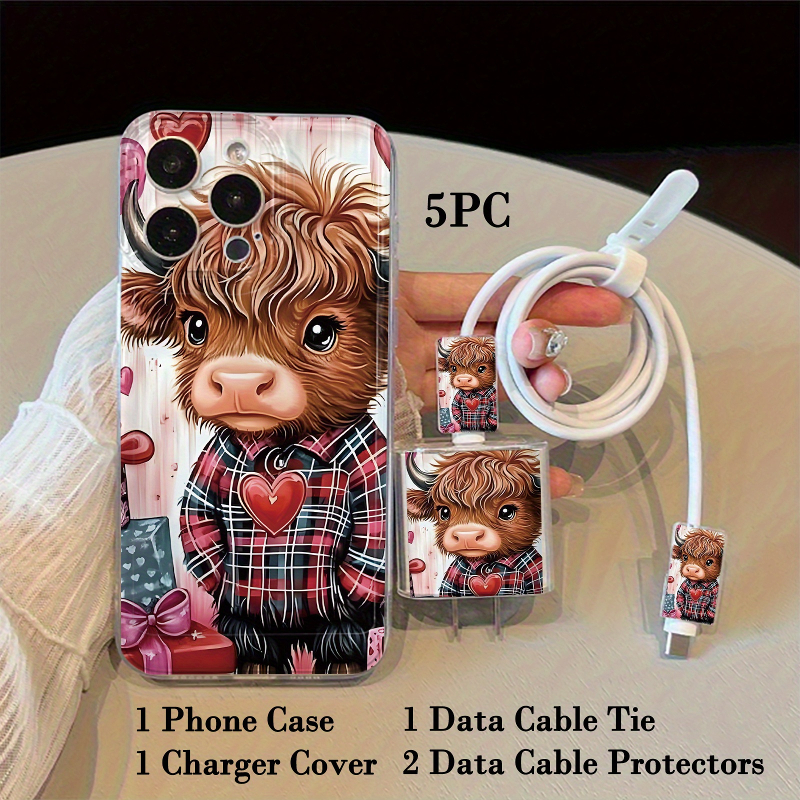 TEMU Highland Cow Cute 5pcs Set, 1 Mobile Phone Case   1 Charger Protective Case   Cable Tie, 2 Data Cable Protective Cases, Suitable For Iphone