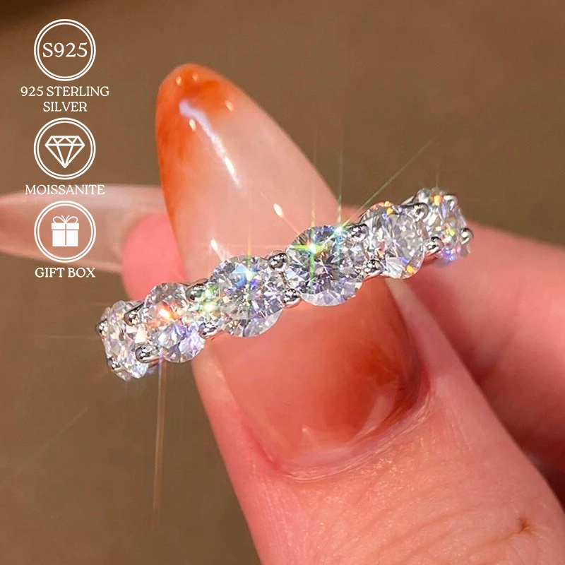 1pc 7carat s925 moissanite wedding ring sparkling rhodium plated silvery band with luminous stones ideal for festive holidays special birthdays birthdays jewelry elegant ring design rhodium plated ring moissanite ring
