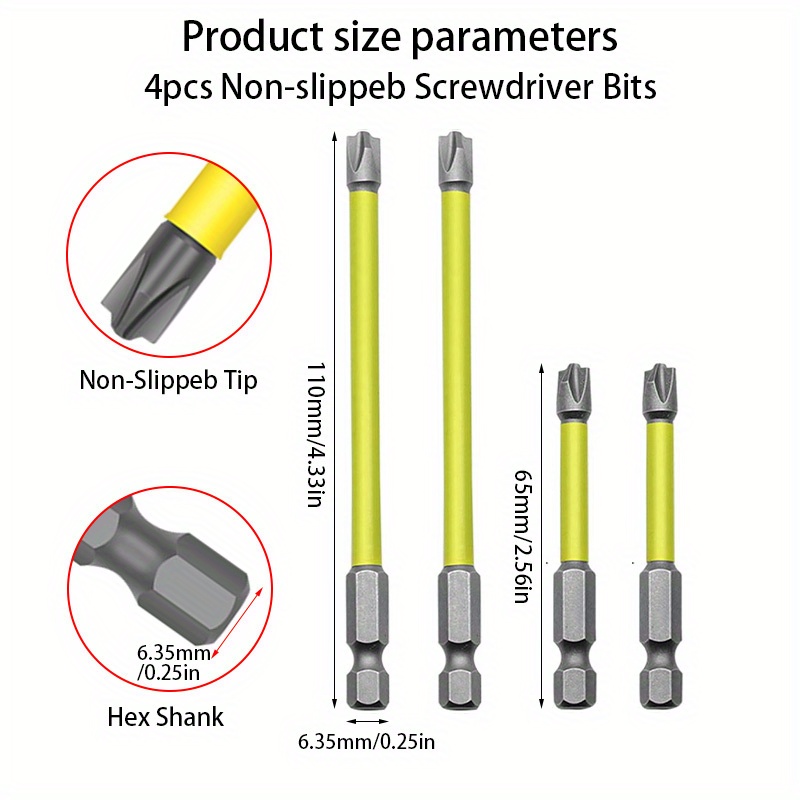 4pcs Magnetic Electrician Screwdriver Bit Set - Hex Shank Ph2, 65mm & 110mm Non-slip Metal Bits - Compatible With Socket Switch Panels, No Battery Required