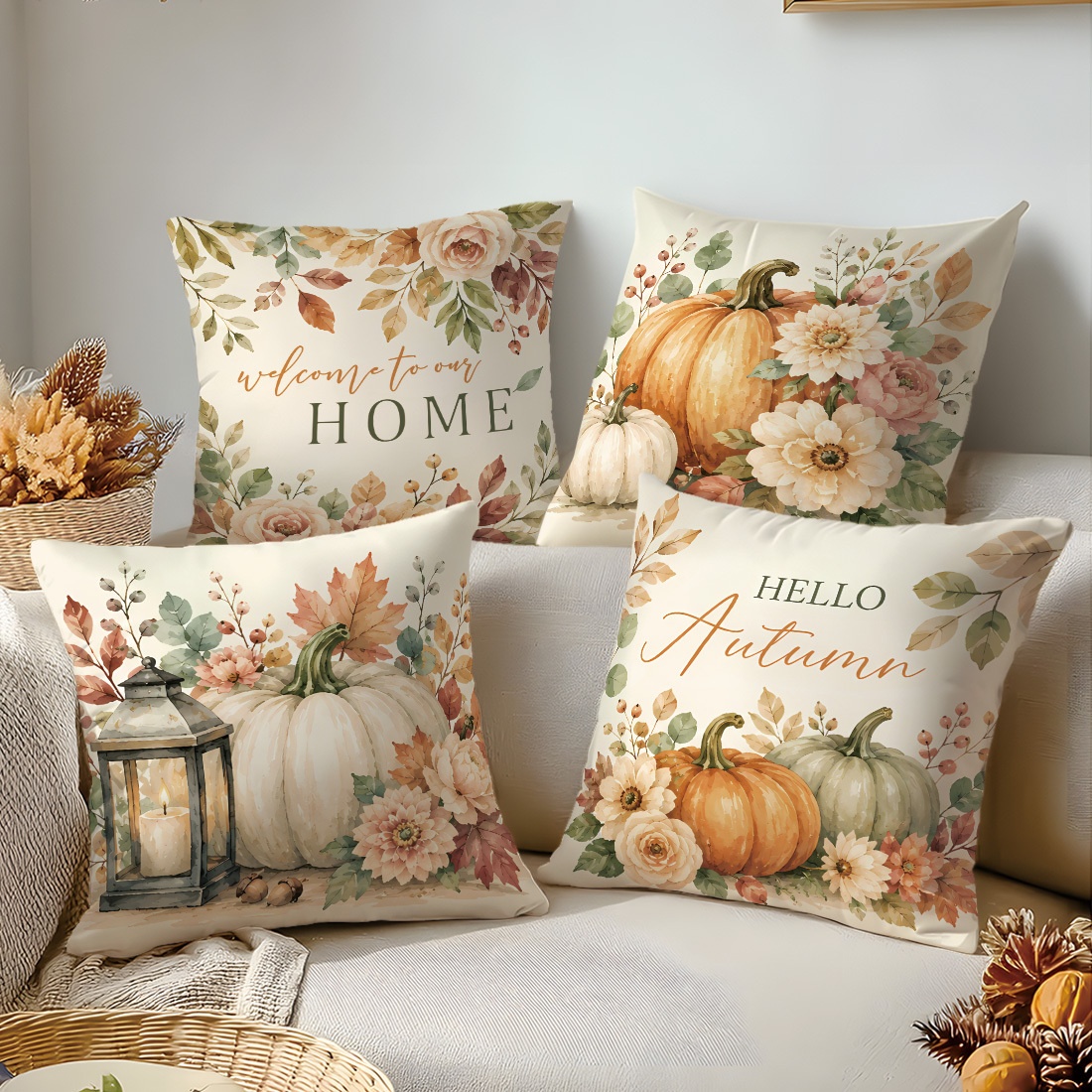 TEMU Set federe con stampa piatta 2D, con zucca autunnale, fiori freschi e foglie cadute, federe per cuscini in stile per , idea regalo per famiglia,