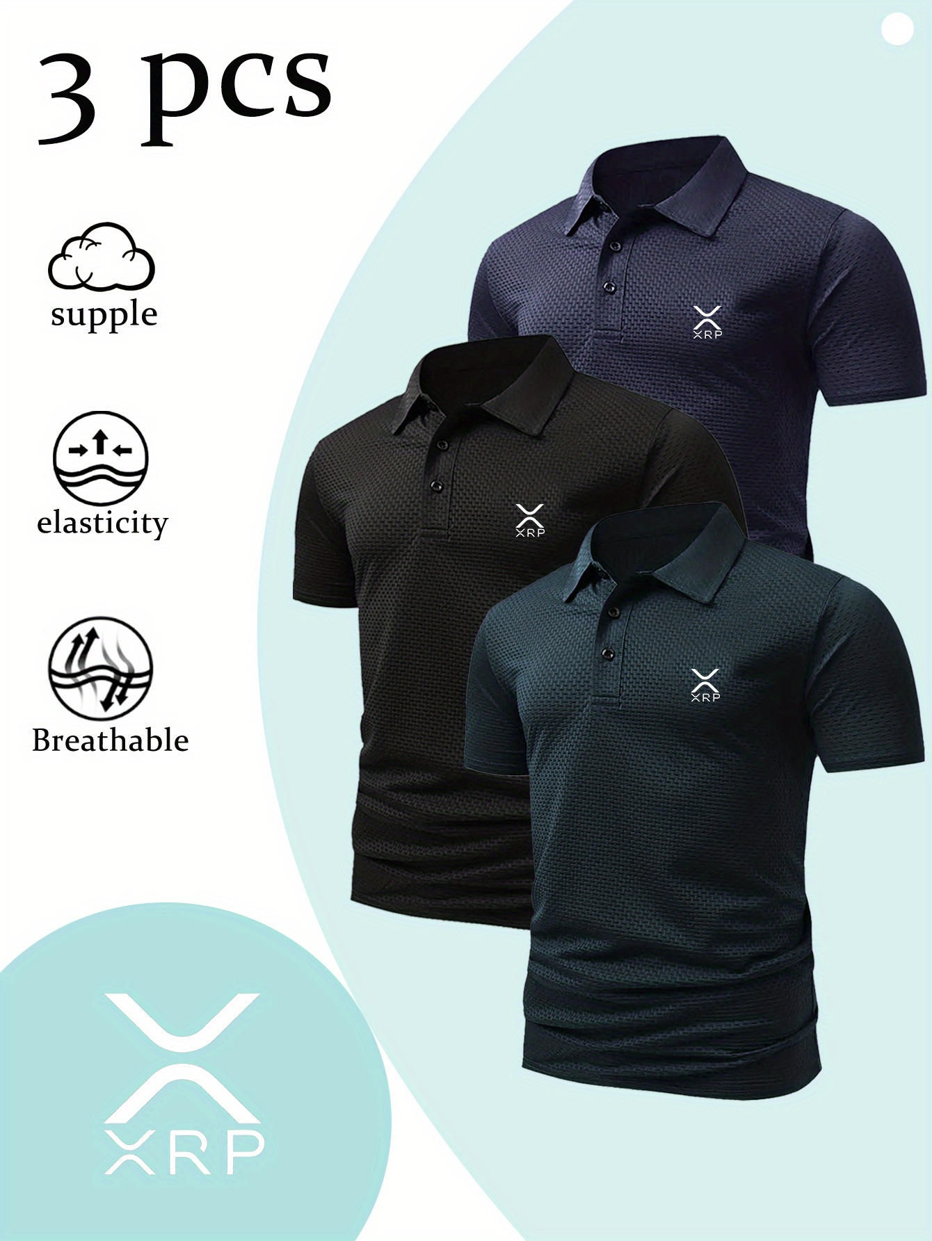 3pcs mens summer   shirt golf shirt mens summer t shirt fabric comfortable breathable   stretch xrp print design suitable for mens business casual or outdoor sports gift for men