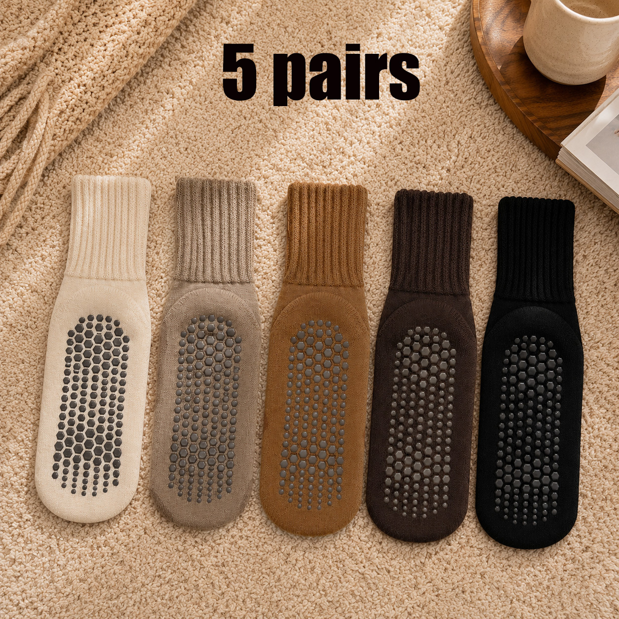 TEMU 5 paar verdikte loopmutsen voor de herfst en winter, geribbelde boord, indoor fitness yoga sokken, zachte en comfortabele anti-slip vloersokken