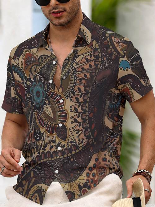 2026 new mens short sleeve shirt vintage paisley print top artistic botanical floral pattern shirt casual daily fashion versatile shirt machine washable