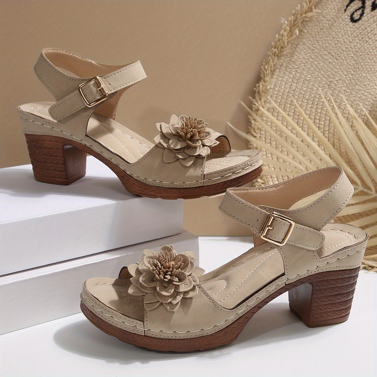 Women's Thick Heel Sandals, Open Toe with Buckle and Thick Sole, Solid Color Artificial Covered Upper, Women's Floral Sandals