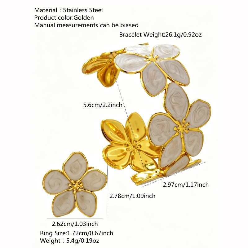 TEMU Juego de 2 piezas de anillo abierto y pulsera ajustables de acero inoxidable esmaltado con estampado floral, elegantes y con estilo, adecuados